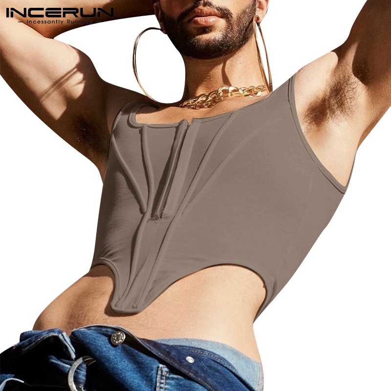 Áo croptop không tay INCERUN phối khóa kéo phong cách mùa hè dành cho nam giới