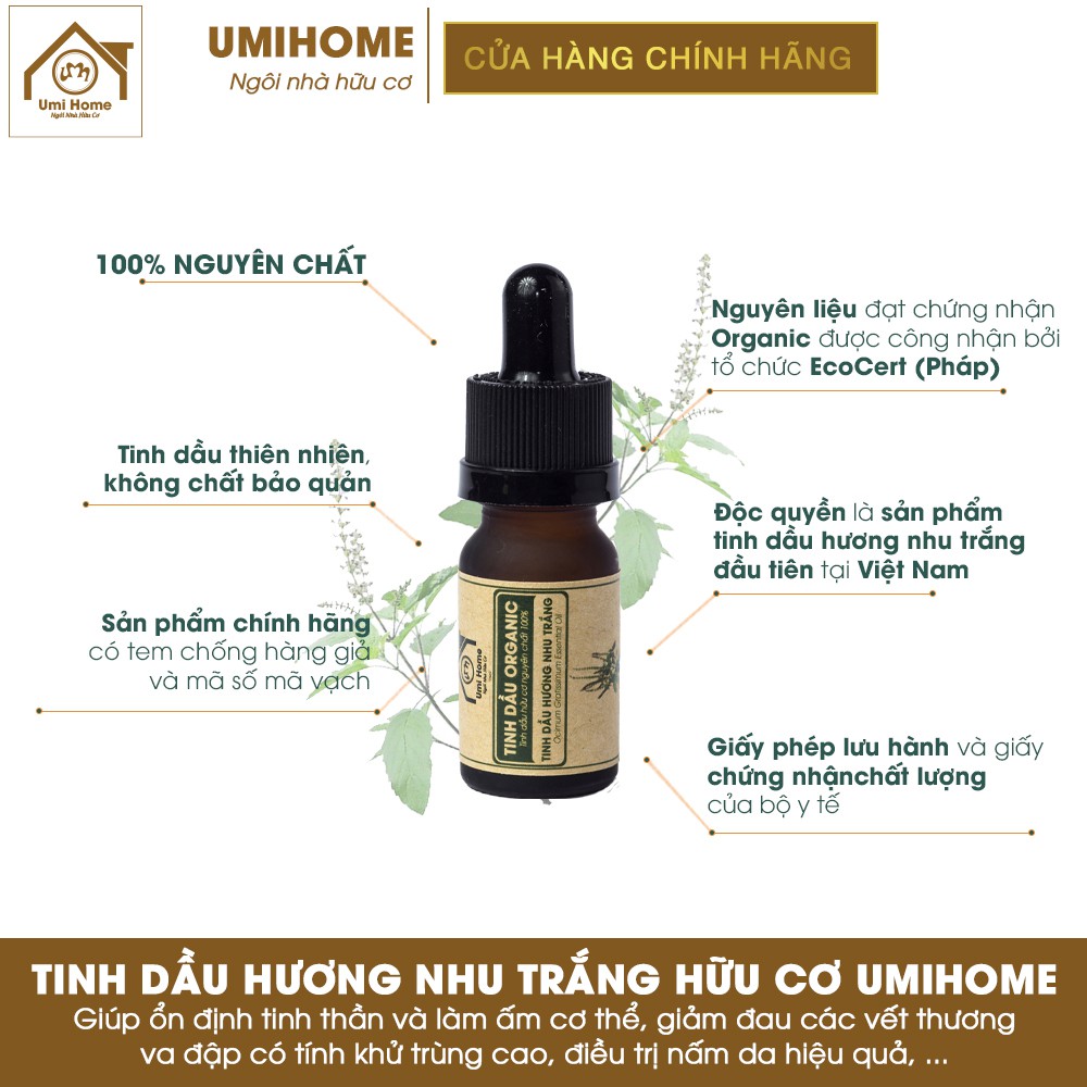 Combo 3 loại tinh dầu UMIHOME gồm Bưởi, Hương Nhu Trắng, Oải Hương (10mlx3) hữu cơ nguyên chất