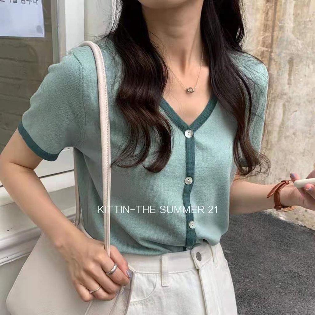 AMOI Áo Thun Ngắn Tay Chống Nắng Cài Nút Phối Màu Thời Trang Cho Nữ