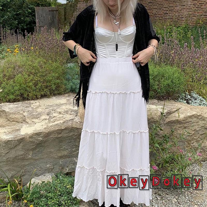 OKDK-y2k Women Pleated Long Skirt Casual Solid Color Frill Skirt for Party (White)