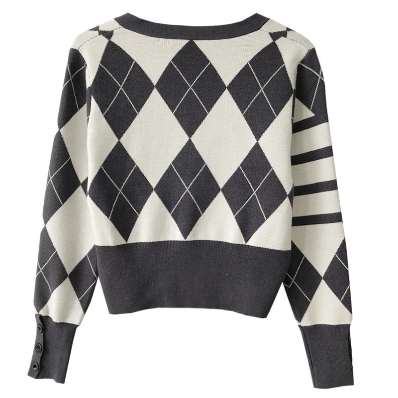 Áo khoác cardigan dệt kim tay dài họa tiết caro kim cương phong cách Anh Quốc thời trang mùa thu