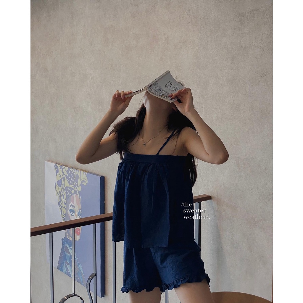 Set 2 Dây Đũi Bèo Chun Ngực Nữ  Bộ Ngủ Quần Short Đũi Ống Rộng Mix Áo Dây Babydoll Ulzzang 5 Màu