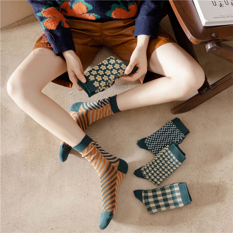 Set 5 tất nam nữ vintage cổ điển nhiều màu / Vớ nữ retro xinh xắn