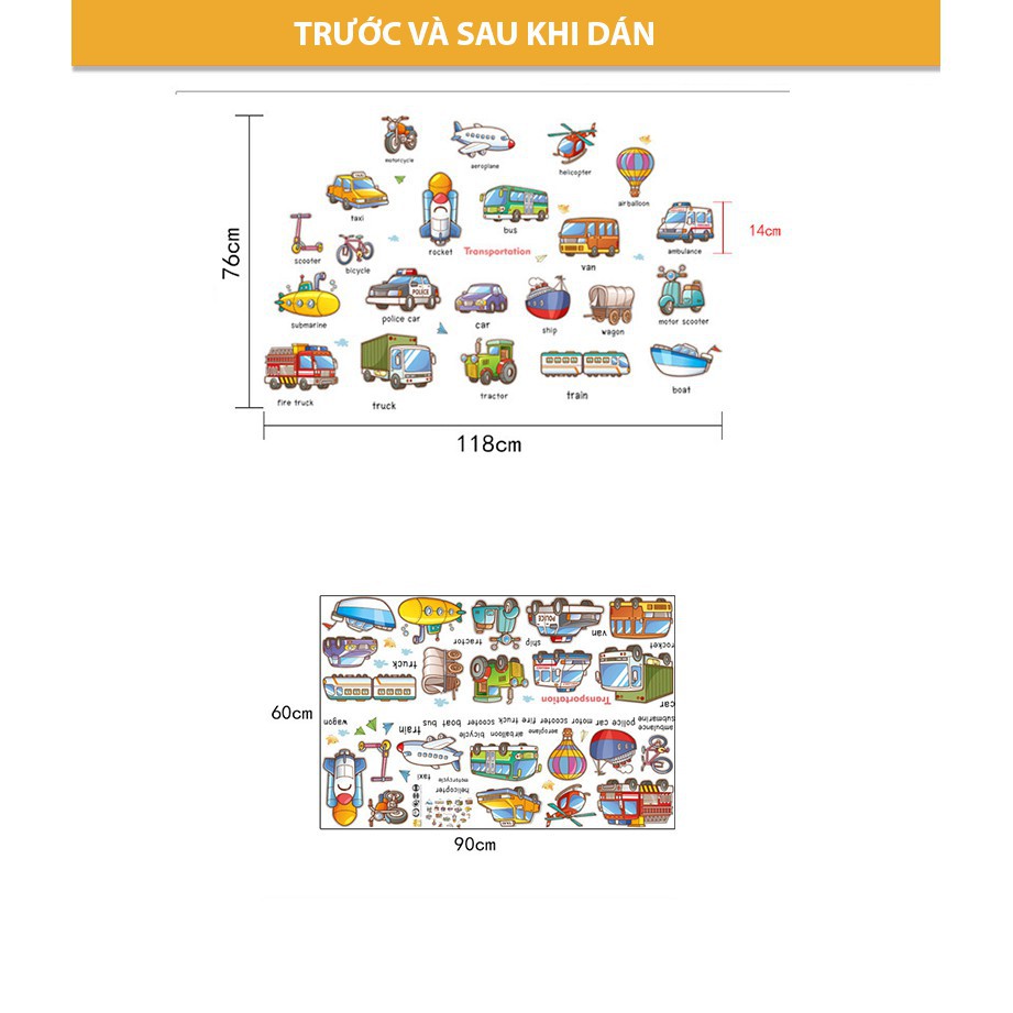 Tranh decal, decal dán tường trang trí phòng cho bé vừa giúp con nhận biết sớm các phương tiện giao thông TE24