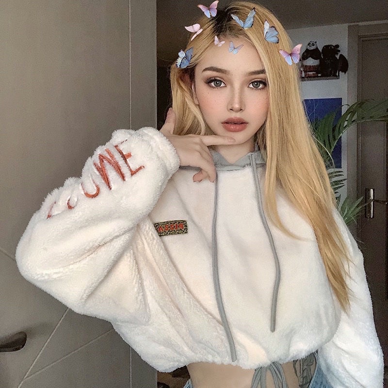 Áo hoddies lông croptop thêu chữ ở tay hàng taobao