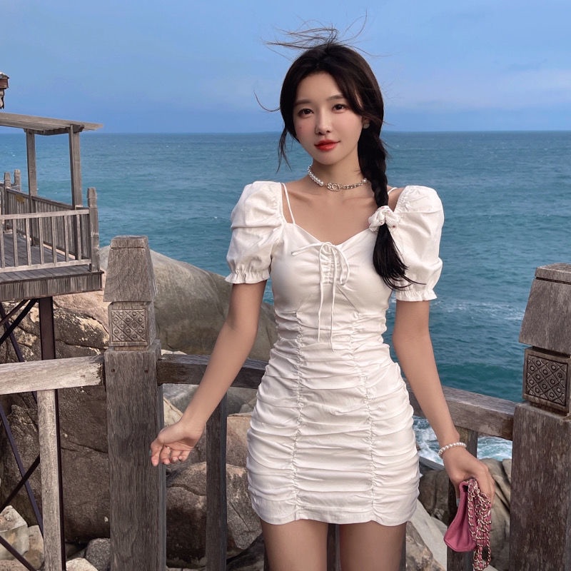 COZOK Đầm Tay Ngắn Cổ Vuông Form Ôm Phong Cách Nữ Tính