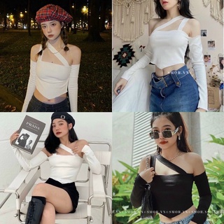 Áo croptop tay dài tà xéo phối dây chéo cổ hot hit