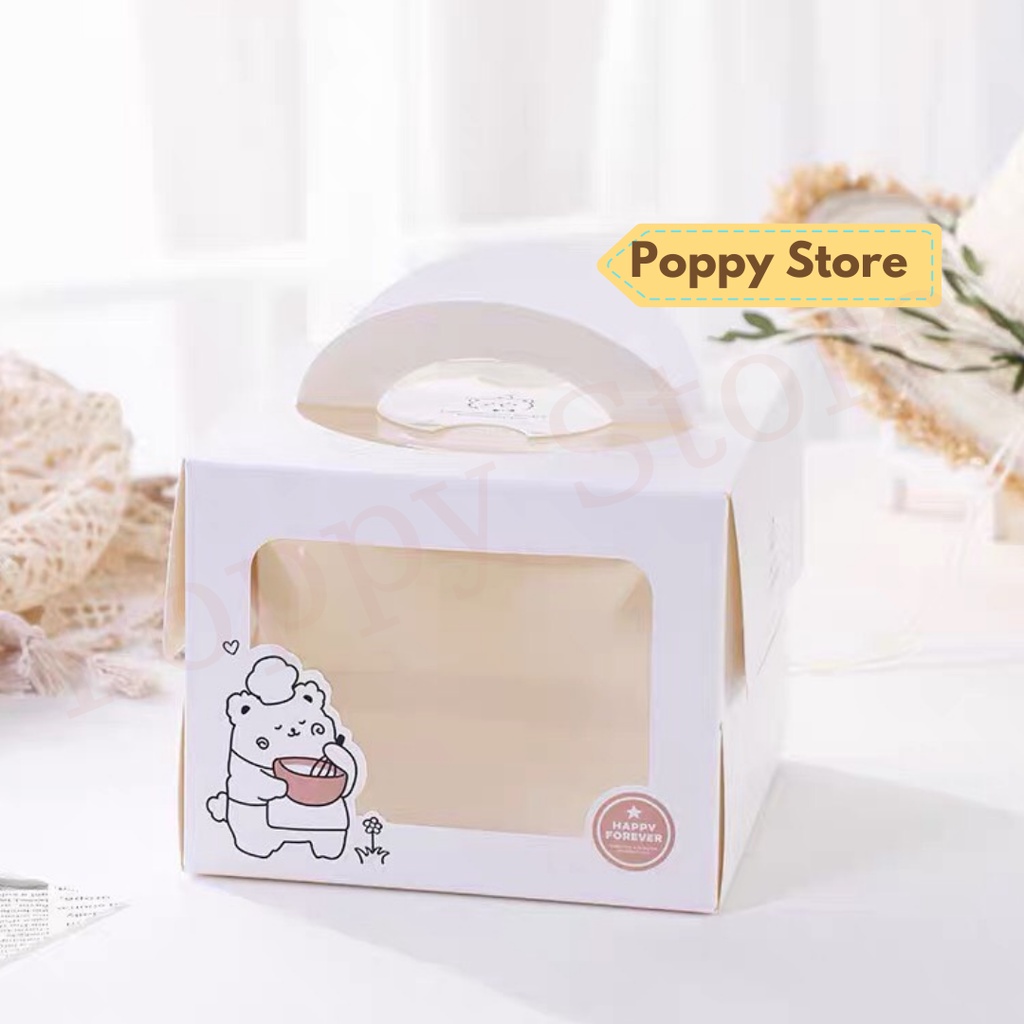 Hộp đựng bánh kem sinh nhật mini, tặng kèm đế bánh, mẫu gấu 1 dễ thương, kích thước 16x16x12cm - POPPY STORE