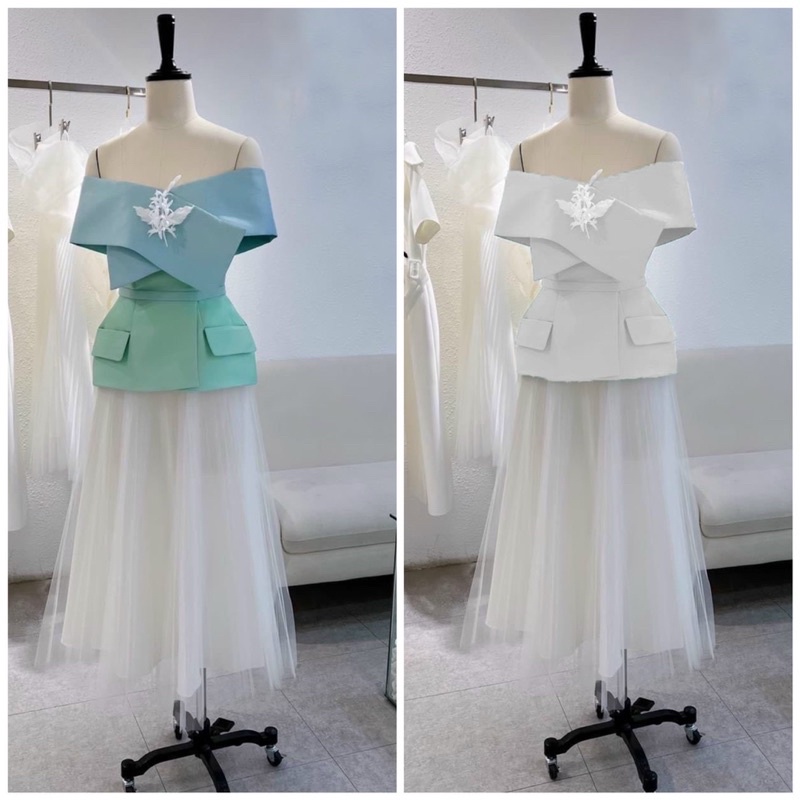 SÉT ÁO + CHÂN VÁY BẸT VAI PHỐI MÀU  ( áo, chân váy, hoa cài áo , dây nịt eo) full size S/M/L/XL