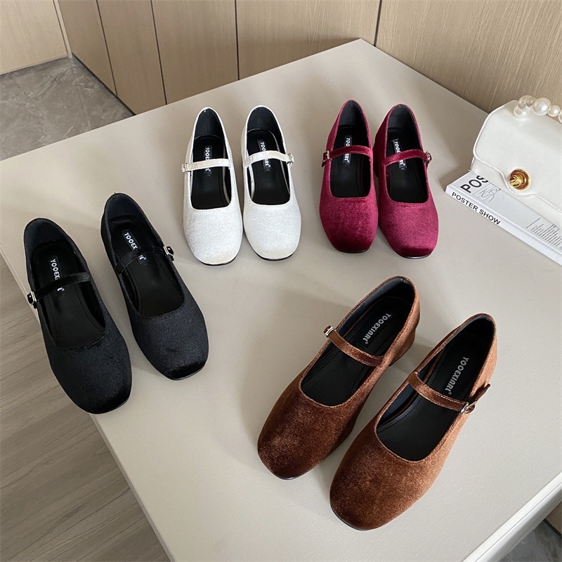 Giày búp bê nhung cho nữ màu trơn mũi tròn gót cao 2cm phong cách retro Pháp