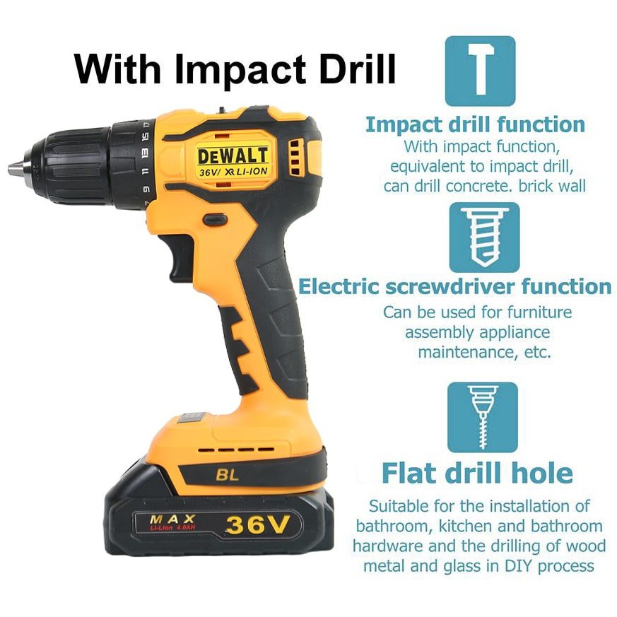 Máy khoan pin động cơ không chổi than DeWalt 36V 4Ah – Lõi đồng 100%, Đầu 10mm – 21 cấp trượt–Kèm 2 pin sạc, 1 dock sạc