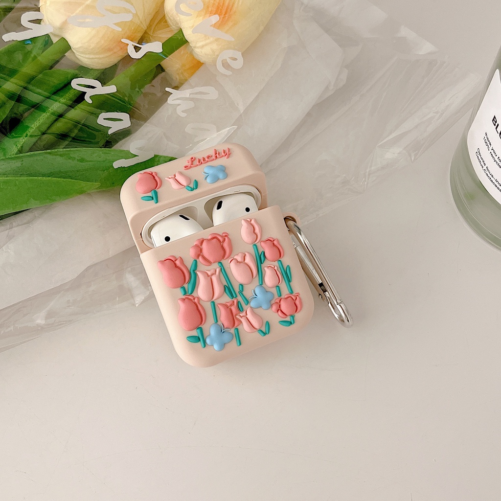 Vỏ Bảo Vệ Hộp Sạc Tai Nghe AirPods 1 2 pro 3 2021 gen3 Bluetooth Không Dây Chất Liệu Silicon Tpu Mềm Hình Hoa Tulip 3D Màu Hồng