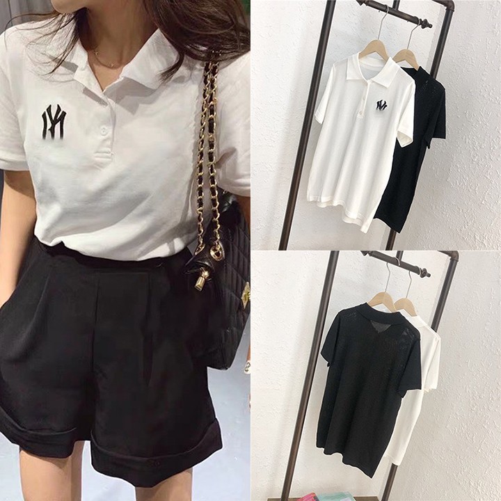 Áo đôi cổ thêu chữ NY from từ 40-60kg chất coton mềm, FREESIZE dành cho nam và nữ