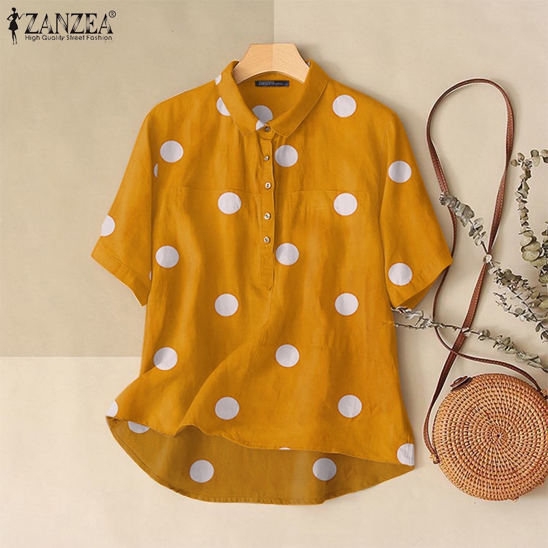 Áo sơ mi ZANZEA tay ngắn hoạ tiết chấm bi phong cách vintage nữ tính thanh lịch