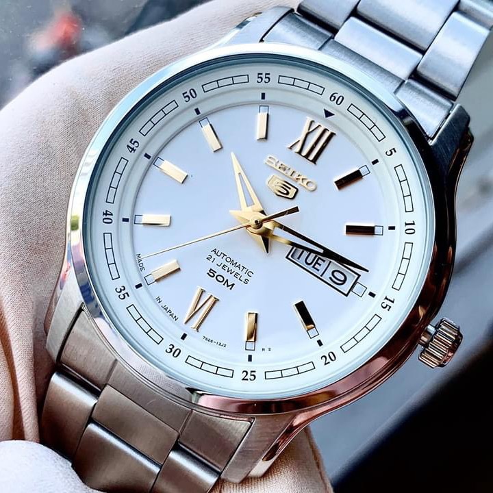 Đồng hồ Nam Seiko 5 Automatic SNKP15J1/SNKP15K1 Mặt trắng,Lịch thứ ngày-Máy cơ tự động-Dây kim loại cao cấp-Size 42mm