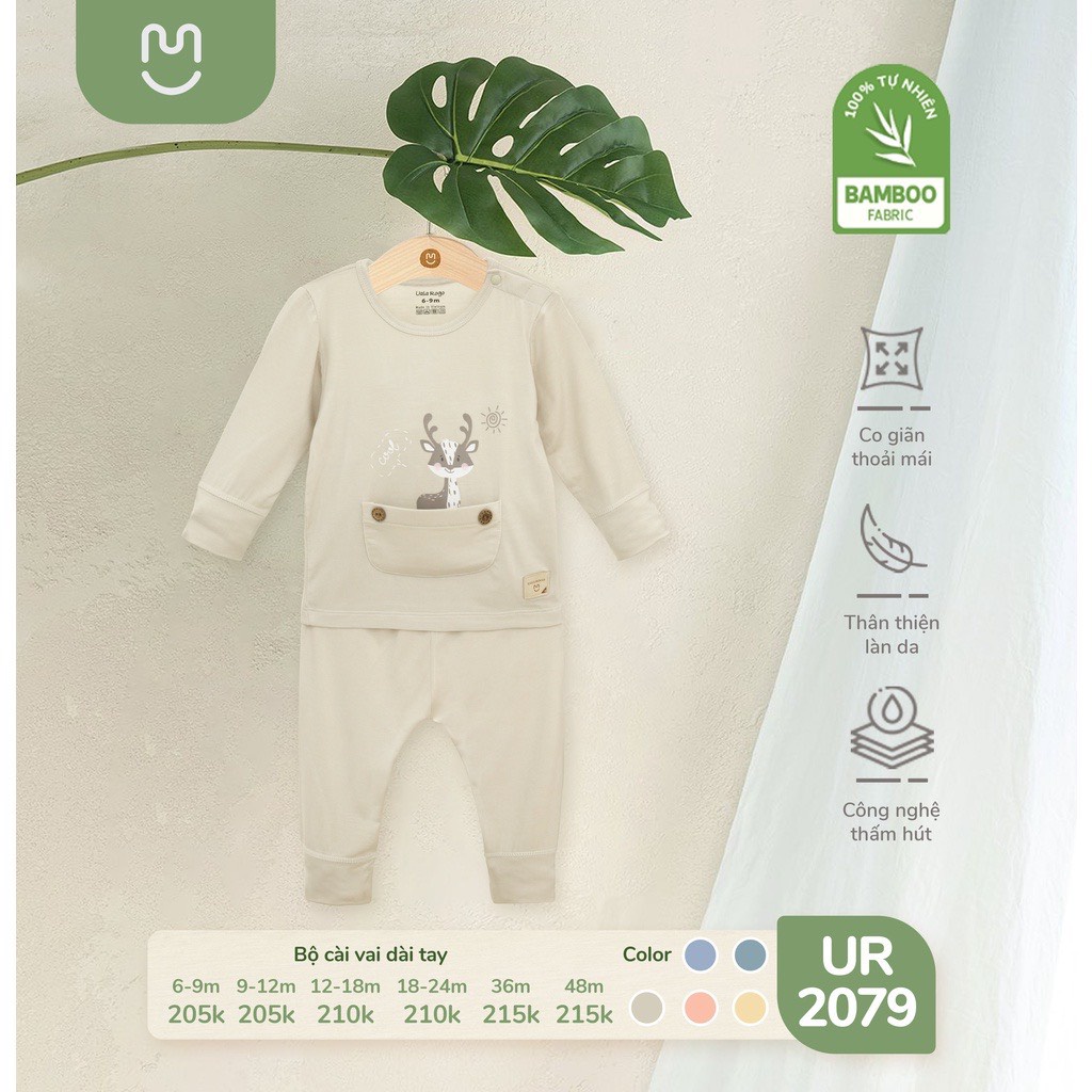 Bộ Quần Áo Dài Tay Cài Vai Túi Trước Họa Tiết Động Vật Vải Sợi Tre Cho Bé UR2079