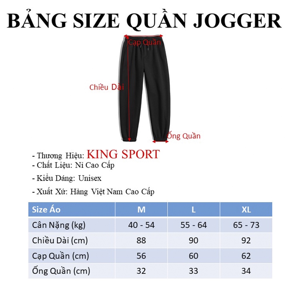 Quần nỉ jogger nam nữ phối 3 sọc thời trang thể thao ống rộng unisex bigsize chất da cá mềm mịn cao cấp đẹp KING SPORT