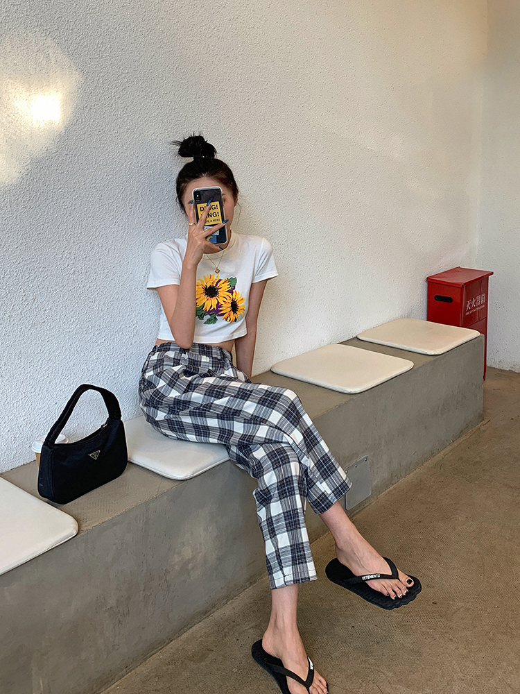 NRVP Quần dài lưng cao ống rộng kẻ sọc caro thời trang hè năm 2021 cho nữ