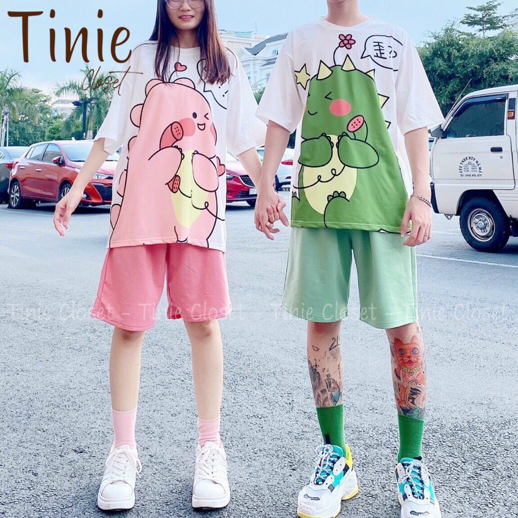 Set đồ bộ hoạt hình nam nữ form rộng Unisex Klong Couple Tinie Closet, Áo thun+Quần đùi Freesize