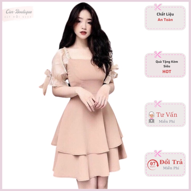 Váy đầm nữ dáng xòe trễ vai xếp tầng (có mút) Xinh Xắn
