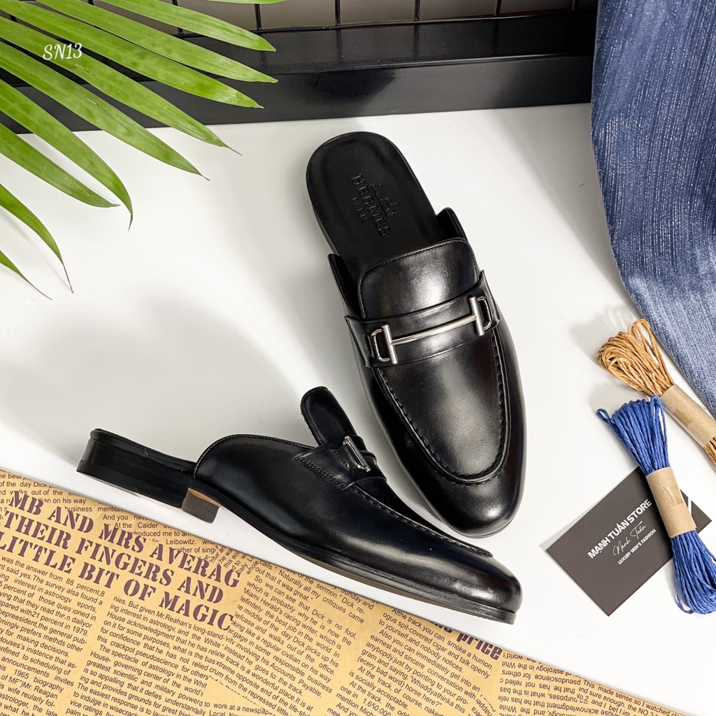 Sục nam cao cấp - Giày mules Hermes nam SN13 Da bò nguyên miếng, đế gỗ sồi cùng quai kim loại cực kì sang trọng SN13
