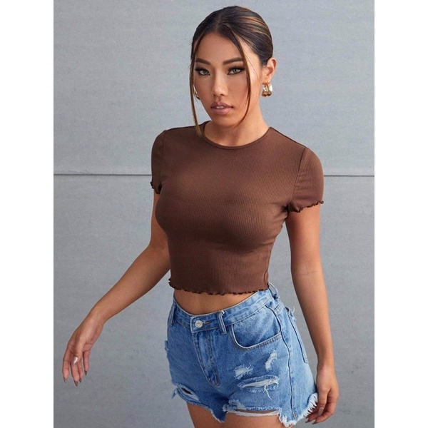 Áo thun gân tay ngắn form croptop cuốn biên lai áo vnxk