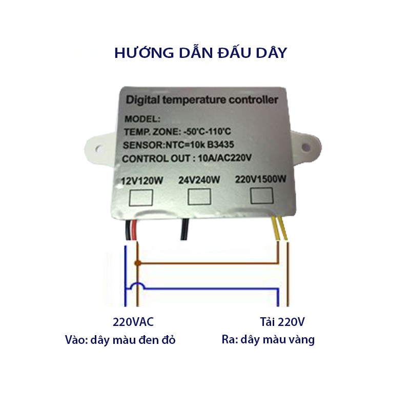 Công tắc cảm biến nhiệt độ W88-220V gắn nổi với 3 màn hình hiển thị nhiệt độ, đầu cảm biến rời chống nước