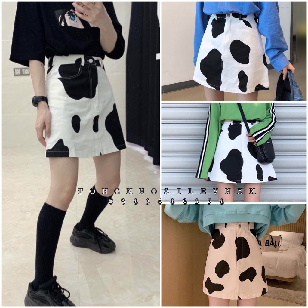 CHÂN VÁY CHỮ A HOẠ TIẾT BÒ SỮA THỜI TRANG CHO NỮ - CHÂN VÁY KAKI ĐEN TRẮNG ULZZANG