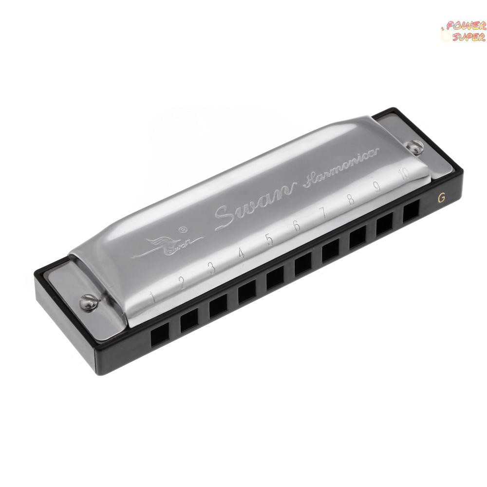 PSUPER Swan Diatonic Harmonica 10 Holes Blues Harp Mouth Organ Key of G Reed Instrument with Case Silver