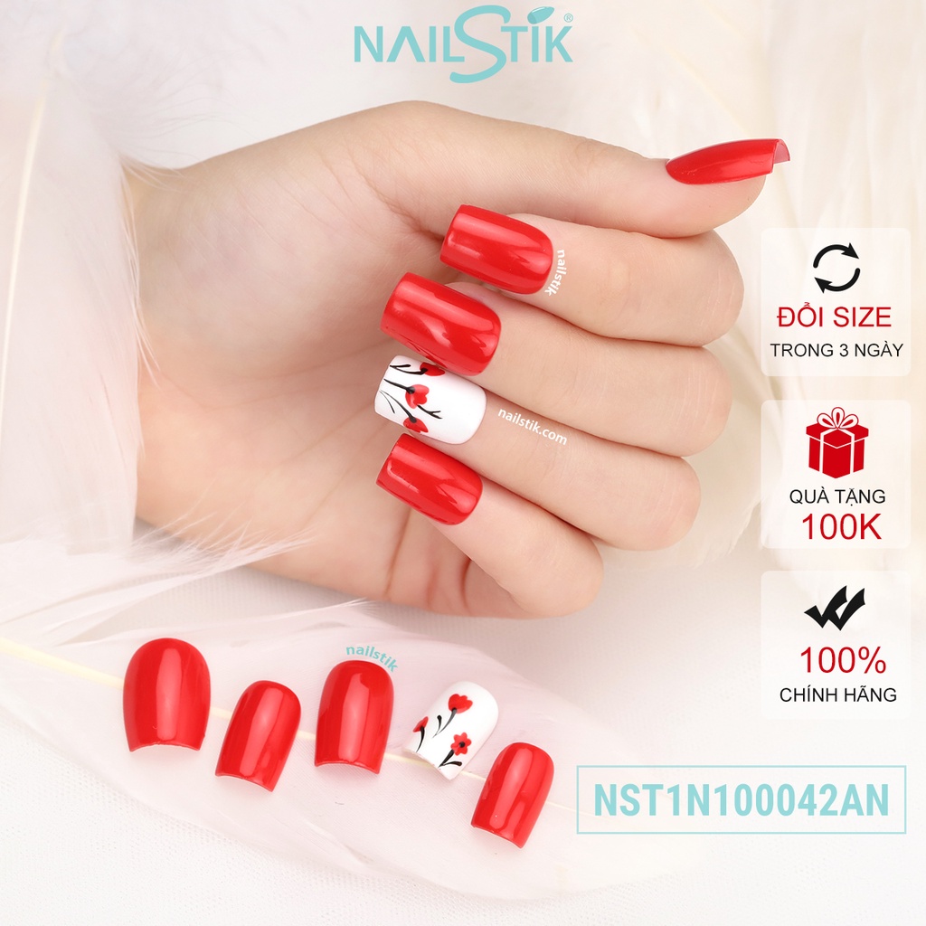 Móng úp thiết kế by NAILSTIK, màu đỏ, form móng ngang, ngắn/dài, 042