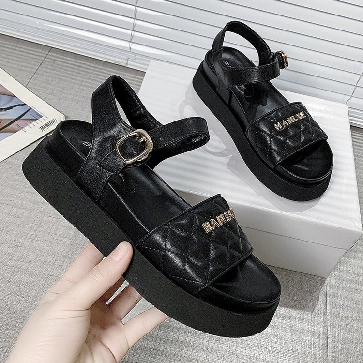 sandal nữ Thick Bottomed One Line Buckle Letter Open Toe Sandals for Women | BigBuy360 - bigbuy360.vn