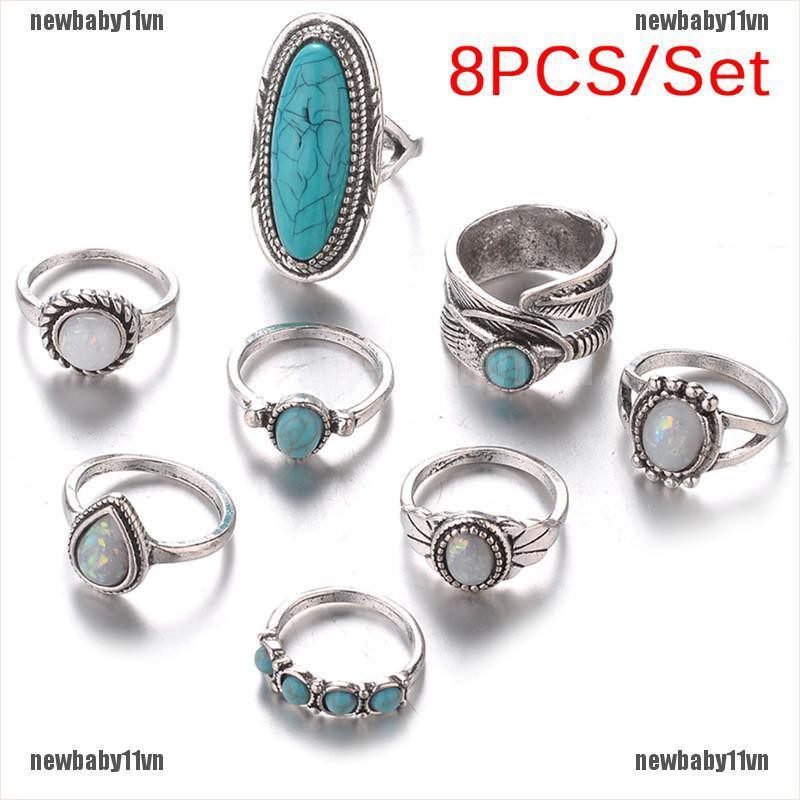 Set 8 Nhẫn Bạc Đính Đá Opal Ngọc Lam Phong Cách Bohemian