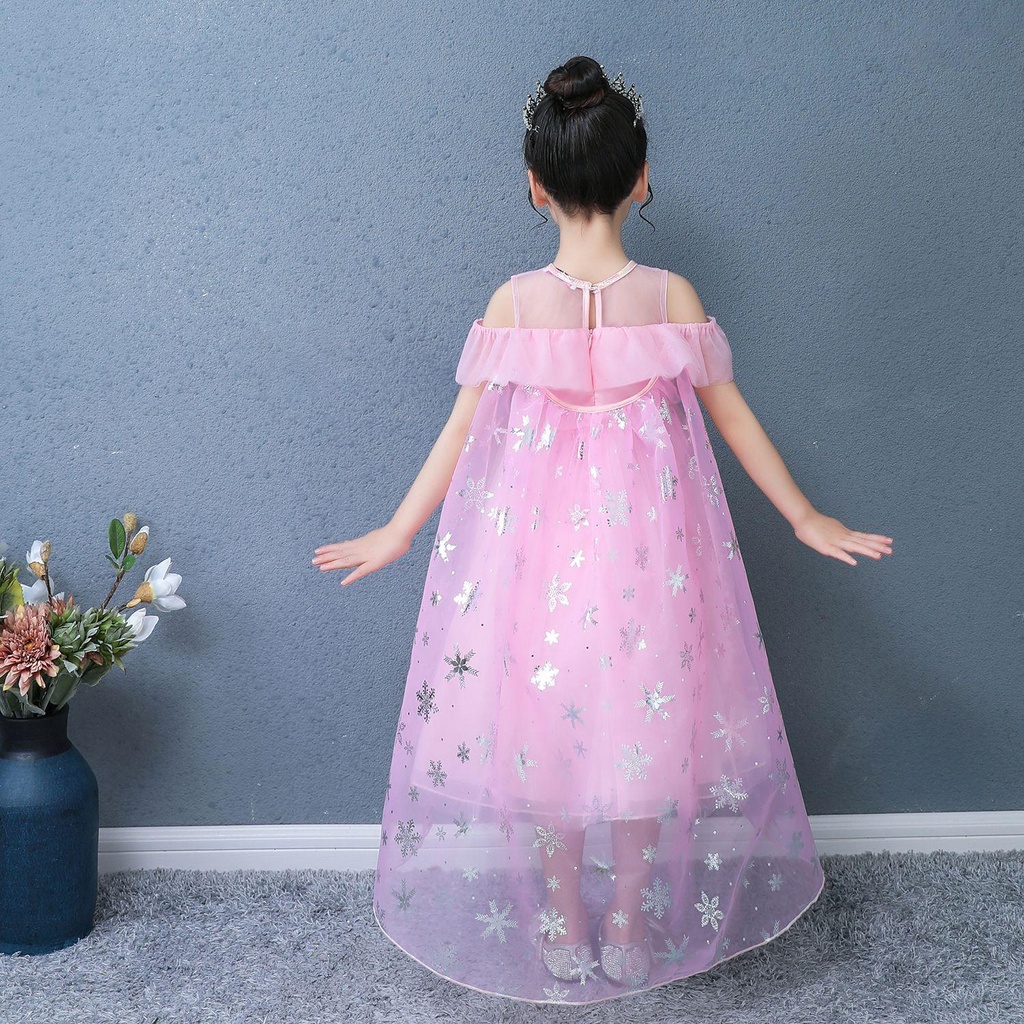 Đầm elsa đính kim sa tay ngắn màu xanh, màu hồng kèm tà tháo rời