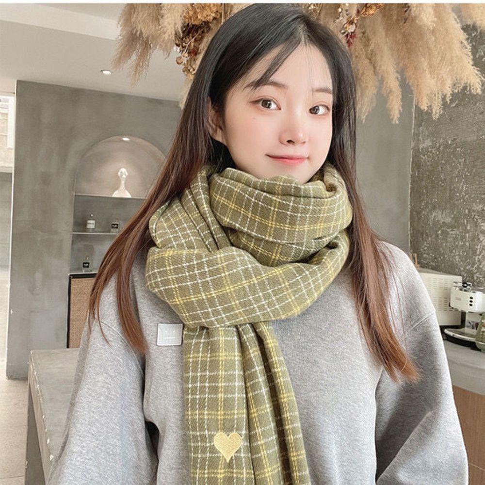 Khăn Choàng Cổ Kẻ Sọc Caro Mềm Mại Dày Dặn Ấm Áp Họa Tiết Trái Tim Phong Cách Retro Cho Nữ
