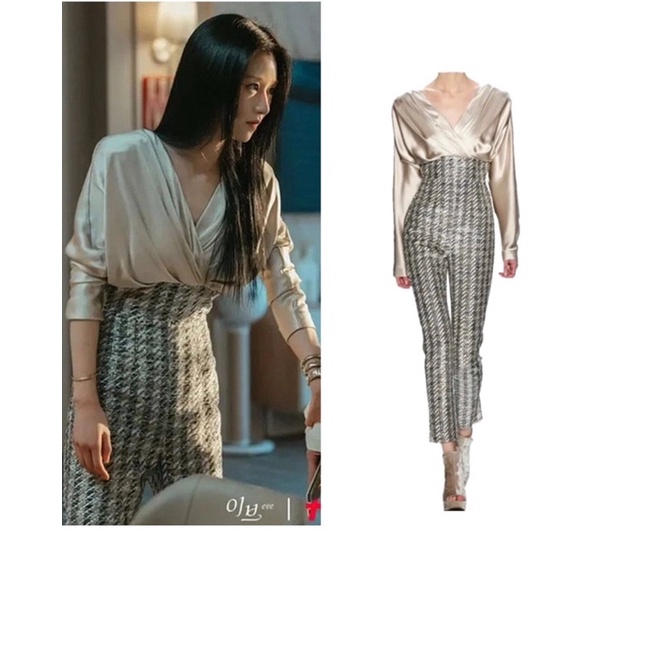 Set trang phục phim Eve áo lụa cổ V + quần tweed baggy lưng cao giành cho nữ