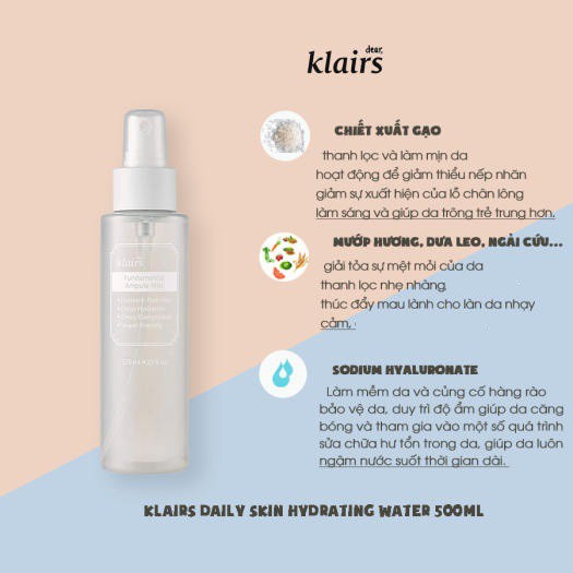 Xịt khoáng Klairs Xịt khoáng dưỡng ẩm dưỡng da, chống Oxy hóa Dear Klairs Fundamental Ampule Mist 125ml, xịt khoáng mặt