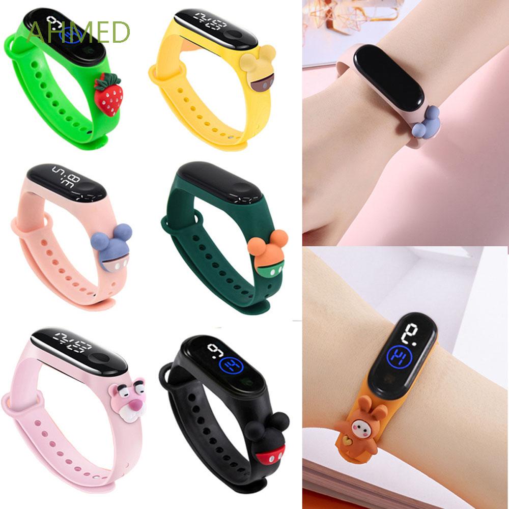 Đồng hồ đeo tay điện tử màn hình LED chống thấm nước in họa tiết hoạt hình thỏ/báo hồng/dâu tây cho bé trai / bé gái