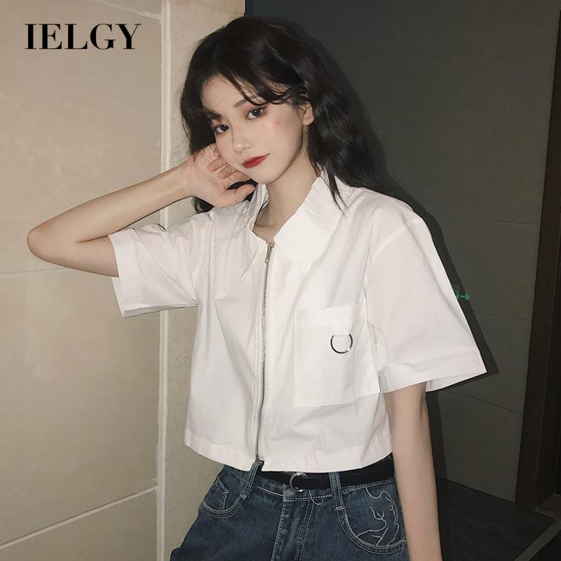 Áo sơ mi IELGY dáng ngắn màu trơn có khóa kéo thời trang mùa hè phong cách Hàn Quốc