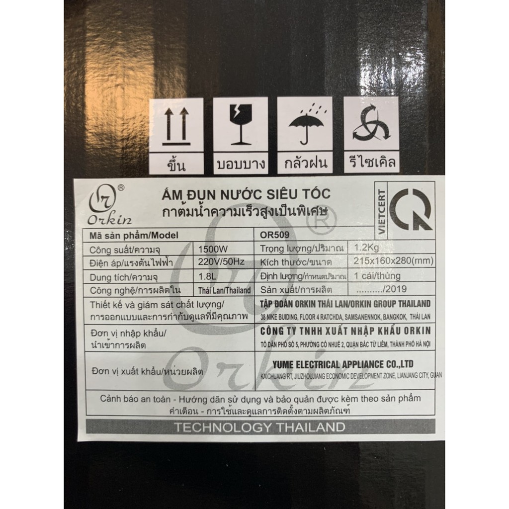 Ấm siêu tốc Thái lan cao cấp ORKIN OR509 - 1.8L, công suất 1500W, bảo hành chính hãng