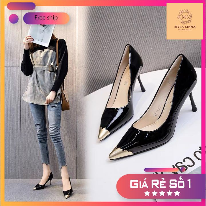 MYLA SHOES - Giày Cao Gót 7 Phân Da Bóng Đính Mũi VNXK