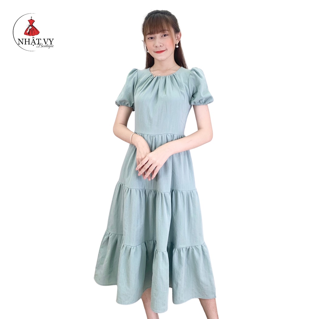 Đầm Nữ NHẬT VY Maxi 3 Tầng Cổ Tròn Tay Ngắn Chất Linen Thun Đi Chơi Màu Xanh, Đen - D2036