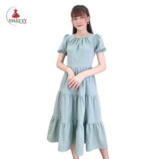 Đầm Nữ NHẬT VY Maxi 3 Tầng Cổ Tròn Tay Ngắn Chất Linen Thun Đi Chơi Màu Xanh, Đen - D2036