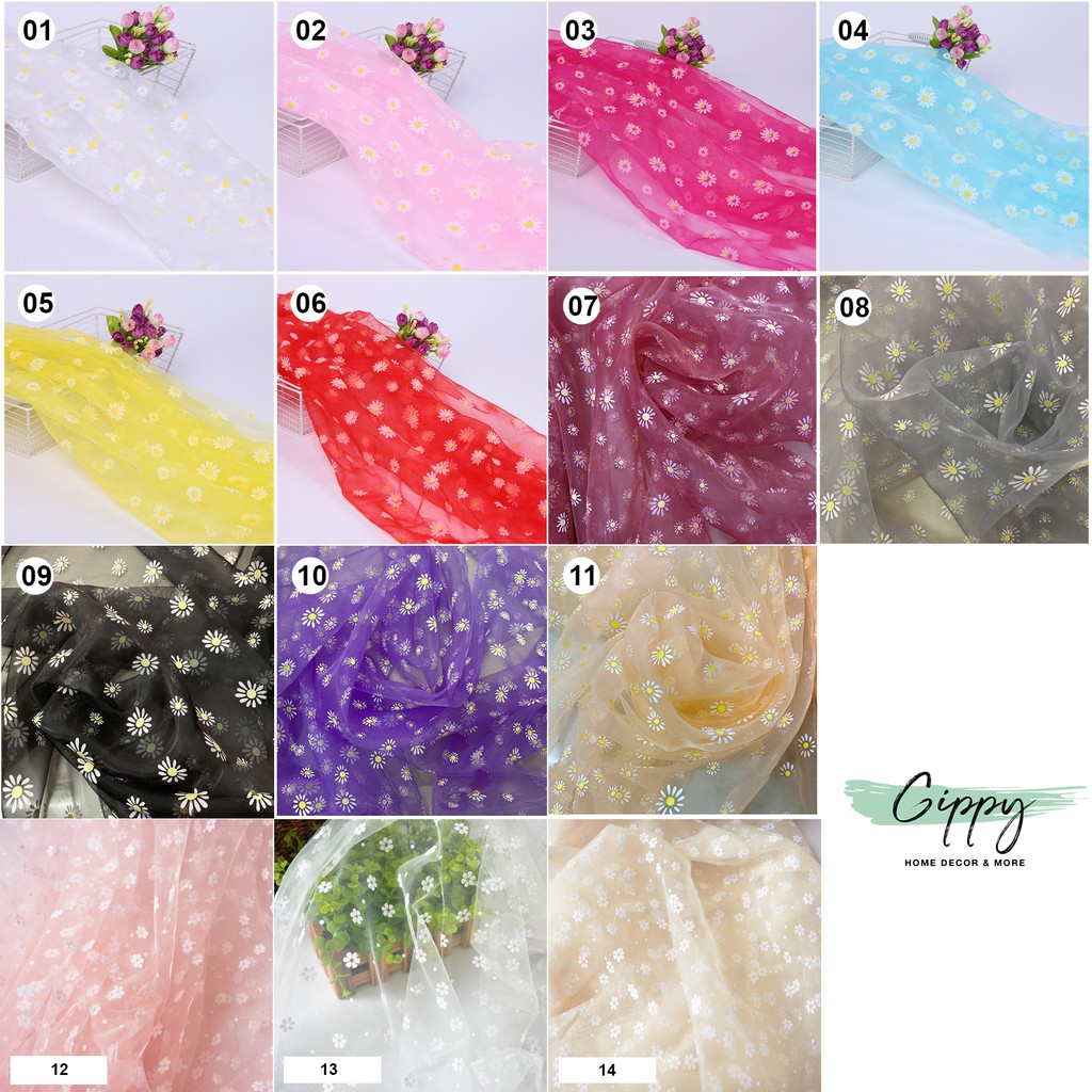 Vải voan lưới hoa cúc hoạ mi - nguyên liệu cột tóc scrunchies, làm rèm, vải trang trí - Gippy Decor