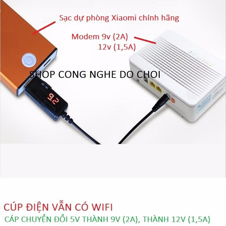 Cáp chuyển đổi điện áp 2 trong 1 - 5v thành 9v - 2A và thành 12v - 1,5A (dùng cho modem Wifi)