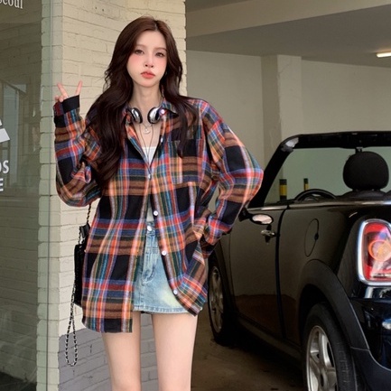 ZHELIHANGFEI Áo Khoác Sơ Mi Tay Dài Dáng Rộng Kẻ Sọc Kiểu Retro Cá Tính