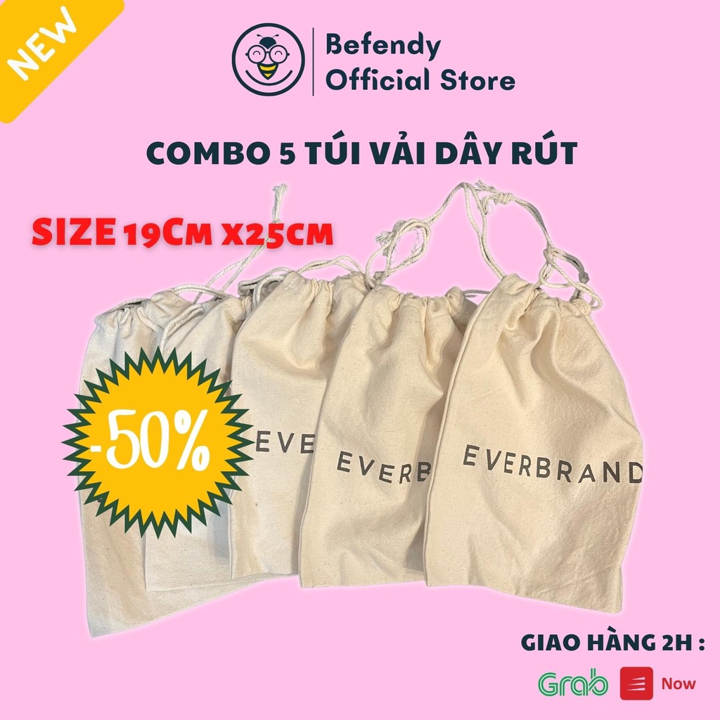 Combo 5 Túi vải dây rút, túi đựng mĩ phẩm, phụ kiện nhỏ xinh ... kích thước 25cmx19cm - Befendy