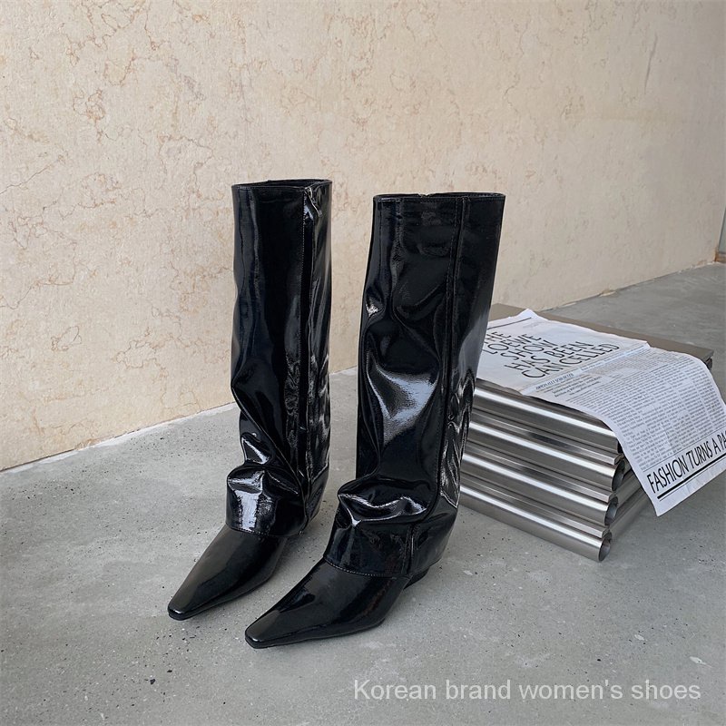 Giày bốt mũi nhọn đế bằng phối dây khóa kéo thời trang mùa thu 2022 dành cho bạn nữ