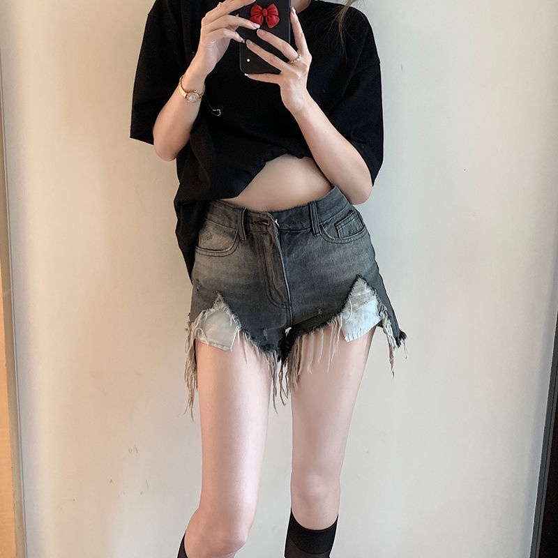 COZOK Quần Short denim Rách Viền Thô Lưng Cao Thời Trang