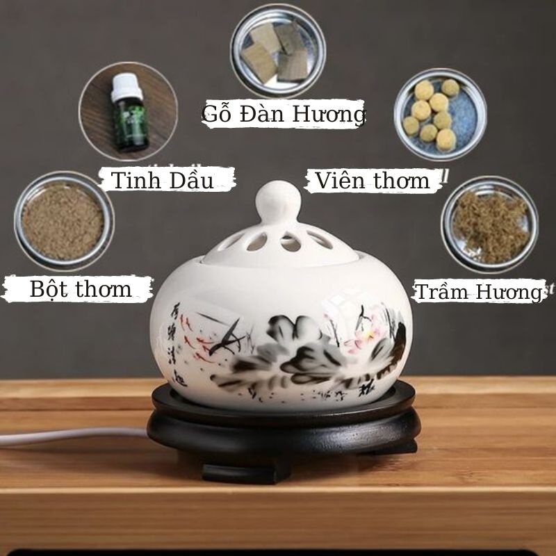 Lư Xông Đốt Trầm Hương, Tinh Dầu - Lư Gốm Sứ Xông Trầm Hương Bằng Điện Có Hẹn Giờ