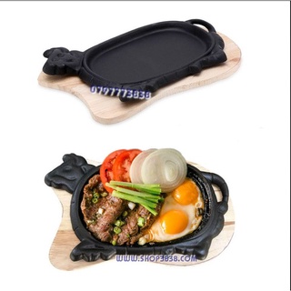 Chảo bò gang nặng 1kg chống dính làm bò né lựa kèm đế gỗ